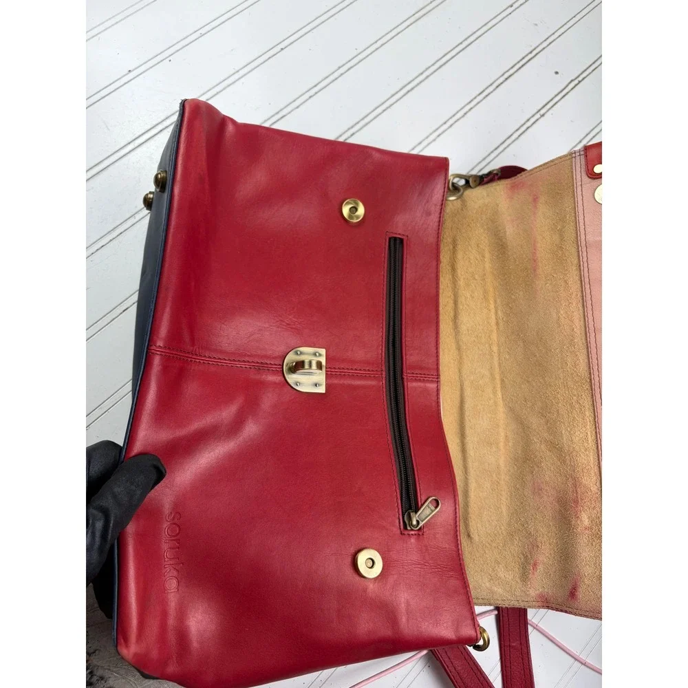 Soruka Oreleans Vintage Y2K Red Leather Leopard Print Crossbody Satchel Bag $170